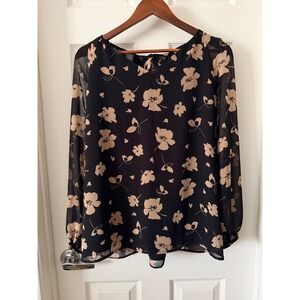 Nine West Womens XL Black Tan Floral Chiffon V-Neck Tie Back Long Sleeve Blouse